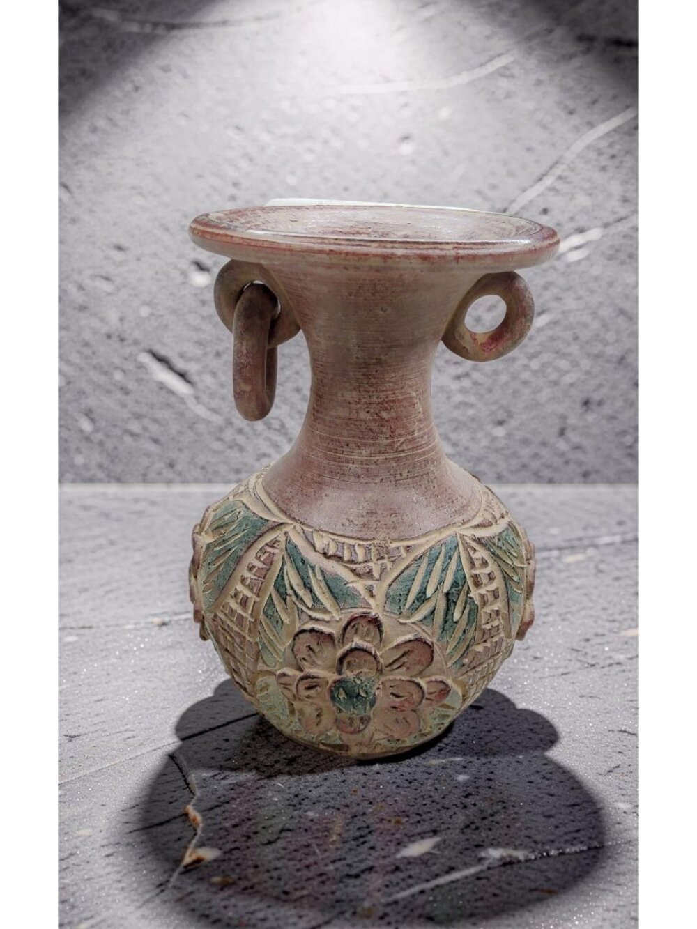 Vintage terracotta pottery jug vase with hand carved floral designs made in Thai